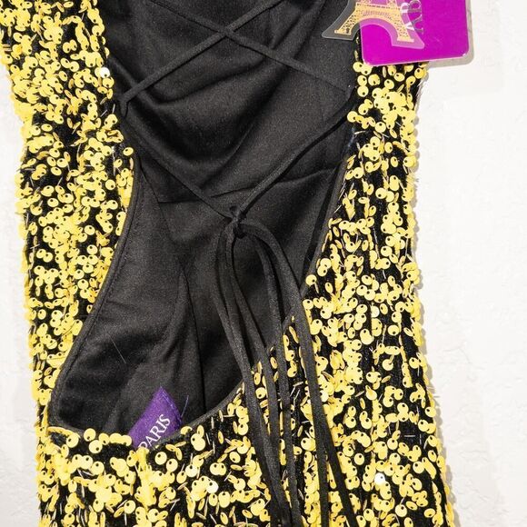 NWT Abby Paris x Lucci Lu 90163 Black‎ & Yellow Sequins High Slit Gown Size 8 - Picture 4 of 11